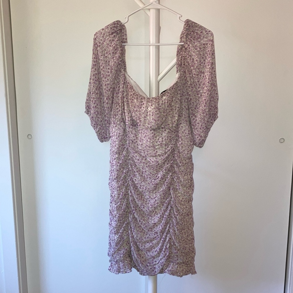 Lulu's Purple Bodycon Dress with Puff Sleeves and Cold Shoulder